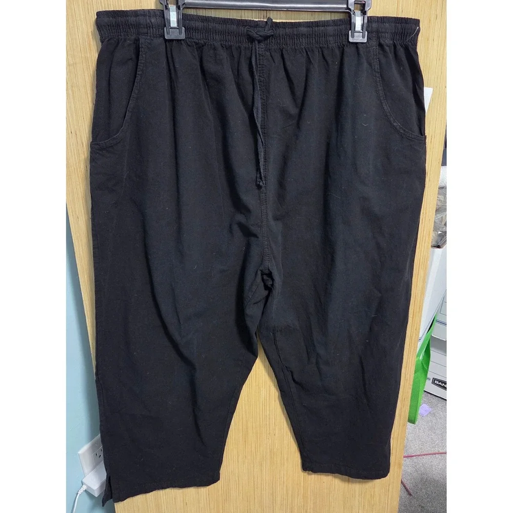 Ragtop USA Womens Black Cropped Pants Elastic Waist Drawstring Cotton 3X NEW